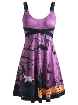 Pumpkin Bat Print Grommets Plus Size Halloween Dress